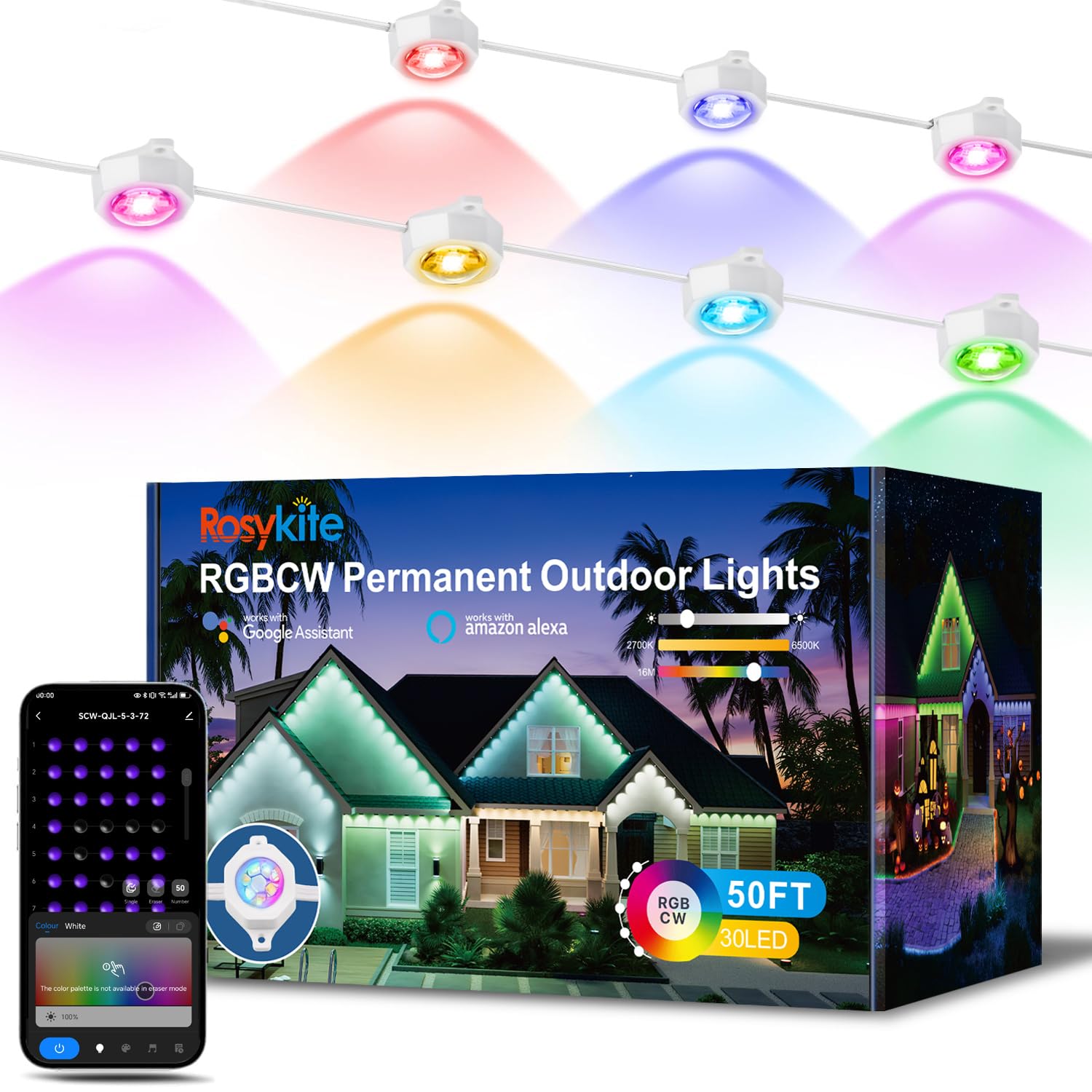 Rosykite Outdoor Christmas Lights - 50ft Smart RGB+IC Color Eaves